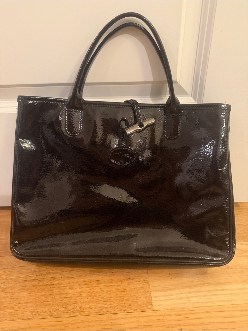 Longchamp Patent Leather Black Top Handle Handbag